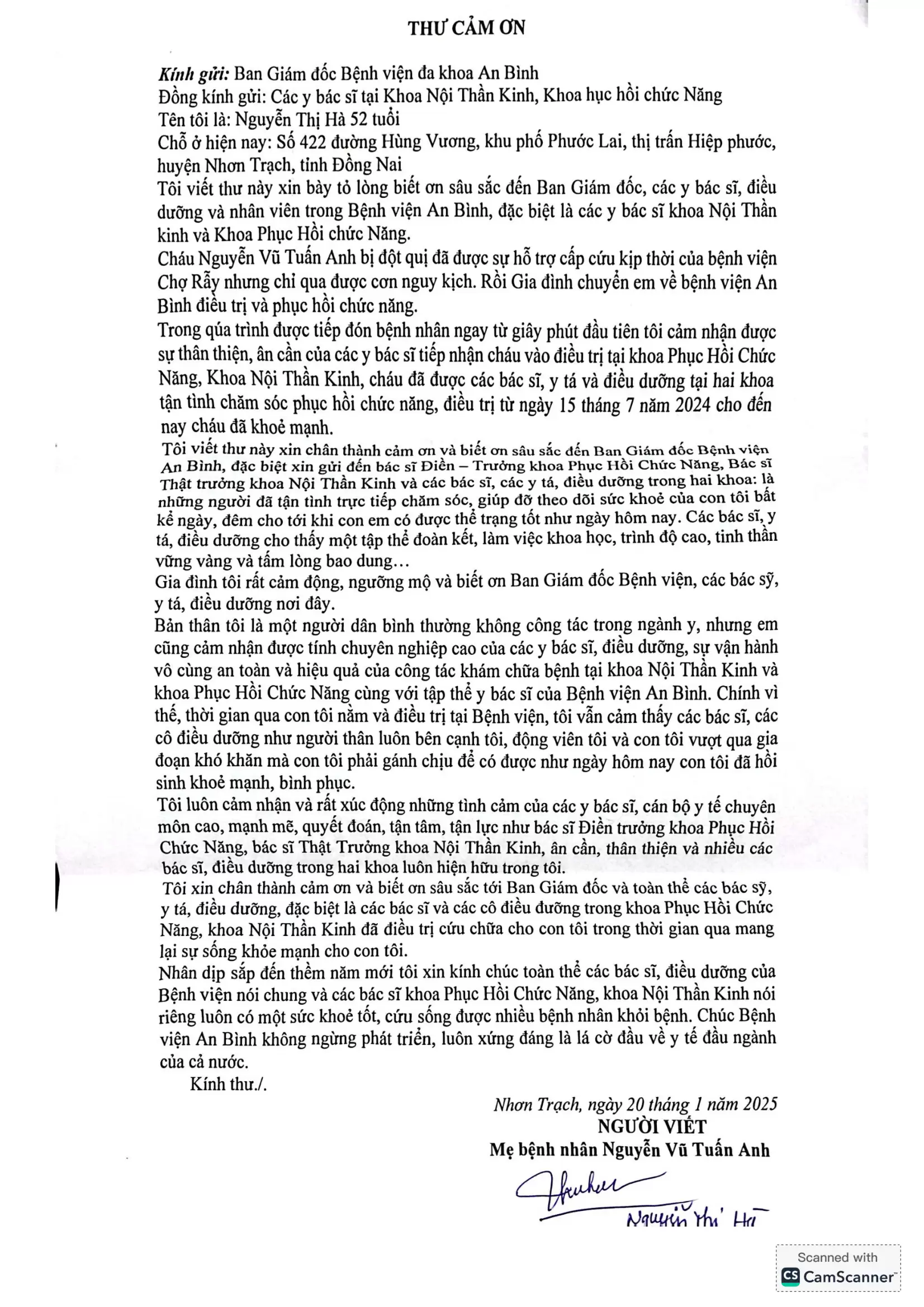 Thư cám ơn từ Thân nhân bệnh nhân Nguyễn Vũ Tuấn Anh gửi Bệnh viện An Bình và Khoa Nội Thần kinh, Khoa Phục hồi chức năng